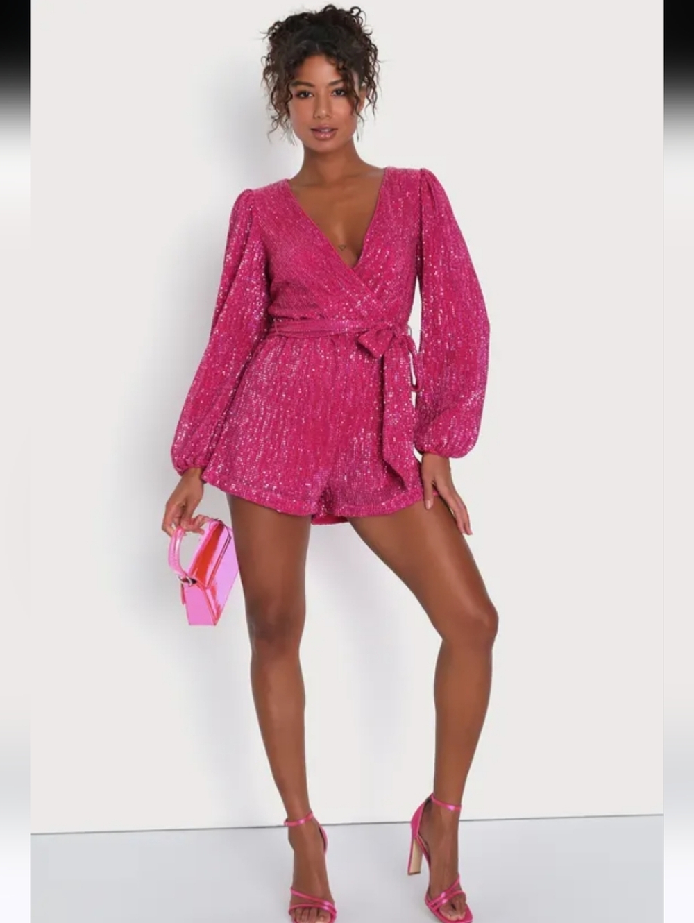 Lulus Glamorous Presence Hot Pink Sequin Long Sleeve Surplice Romper